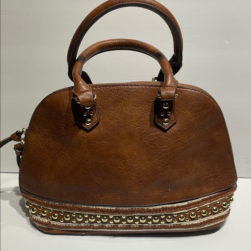 Charming Charlie Brown and Gold Satchel with Vintage-Inspired Design